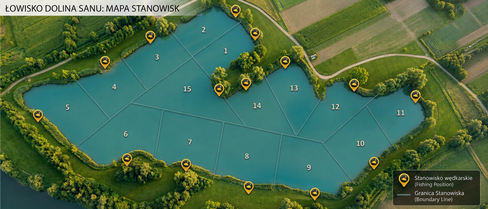 Poglądowa mapa łowiska z 15 sektorami